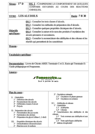 Les Alcools - Cours Chimie Terminale D