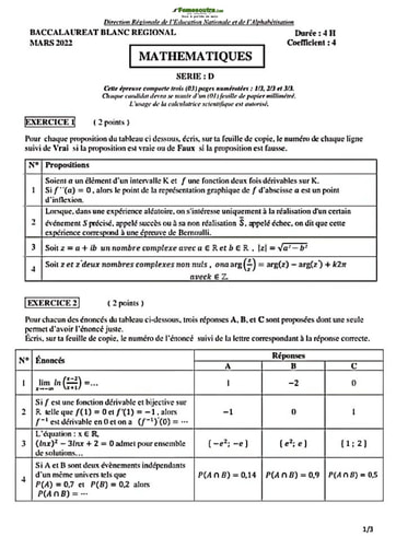 Compil de sujets de Maths des BAC A, D et C