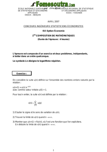 Sujet 1ère épreuve de maths ISE option économie 2007 (ENSEA - ISSEA)
