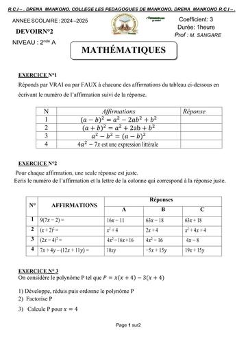 Devoir de Maths 2nde A calcul litteral by Tehua