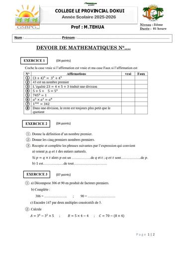 DEVOIR DE MATHS N°1 5IEME COLLEGE PROVINCIAL Octobre 2025 by TEHUA