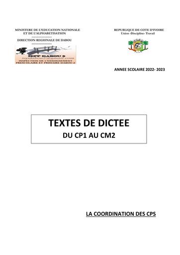 FICHE DE TEXTES DE DICTEE DU CP1 AU CM2 BY TEHUA