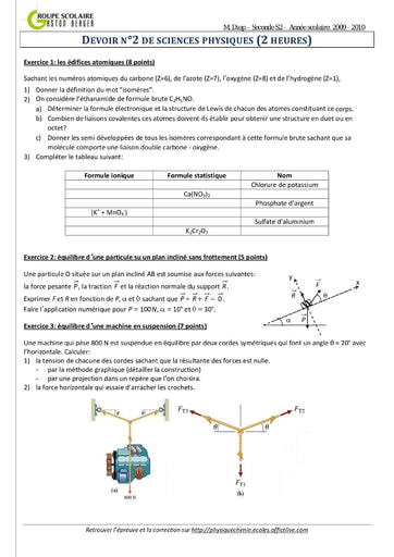 Devoir de Sciences Physiques niveau Seconde S - Groupe Scolaire Aston Berger - Année scolaire 2009-2010