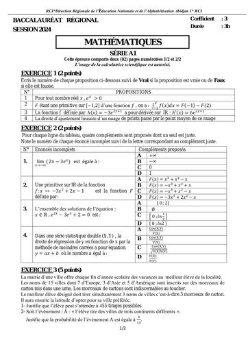 Sujet Bac blanc 2024 dren Abidjan 1 MATHS serie A1 by Tehua