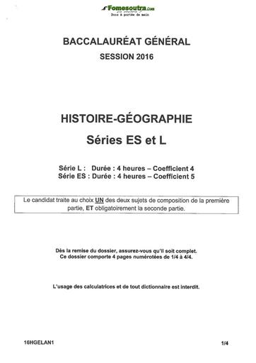 Sujet d'Histoire-Géographie BAC ES et L 2016