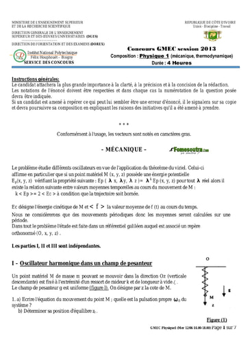 Sujet de Physique 1 concours GMEC 2013