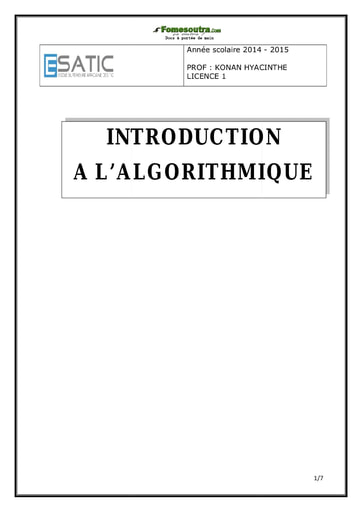 Introduction à l'algorithmique - Licence 1 ESATIC