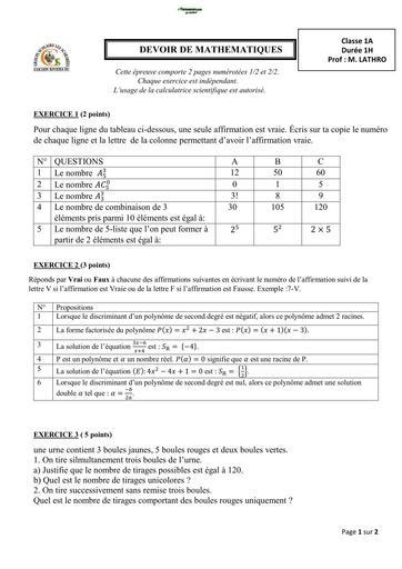 Sujet 1ière A devoir de Maths 1ière A GS les scarabées riviera 3 By Tehua