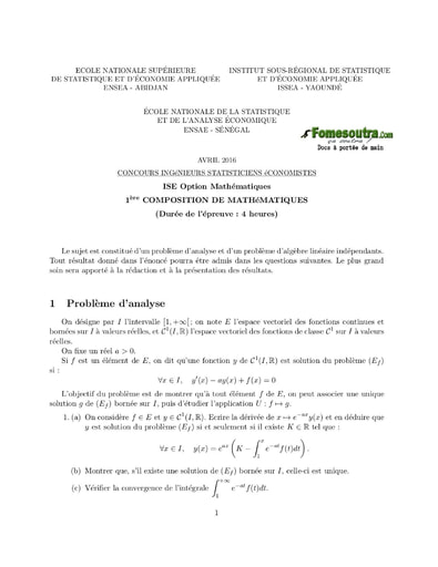 Sujet et Corrigé 1ère épreuve de maths ISE option maths 2016 (ENSEA - ISSEA - ENSAE)