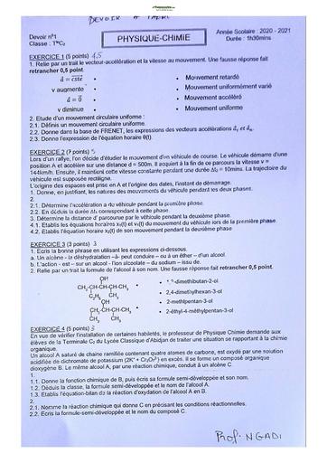 Sujets de Physique-Chimie Terminale C Lycée Classique 2022-2023