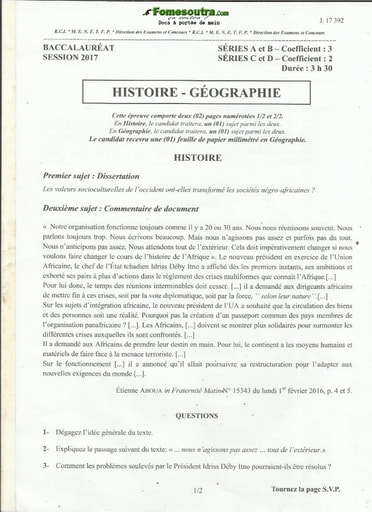 Sujet d'Histoire et Géographie des BAC A B C et D 2017