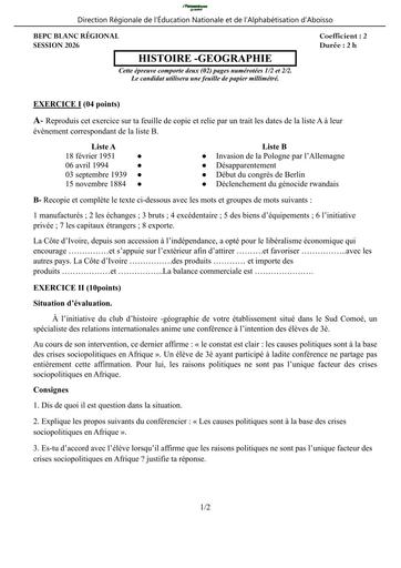 BEPC BLANC 2026 DRENA ABOISSO SUJET HISTOIRE GEOGRAPHIE (SUJET) by TEHUA