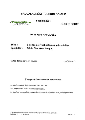 Sujet de Physique Appliquée - BAC Génie Électronique 2004 (sorti)