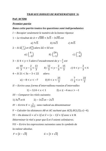 Travaux Dirigés N°1 MATHS niveau 3ième by Tehua