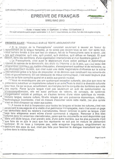 Sujet de Français BAC blanc 2013 series A-C-D - Lyceé Classique d'Abidjan