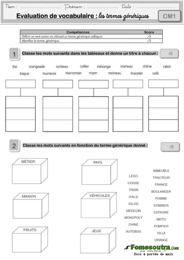 Évaluation de vocabulaire (2): les termes génériques - niveau CM1