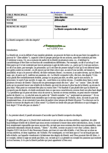 La liberté comporte-t-elle des degrés? - Sujet corrigé de philosophie Terminale A,C,D,E