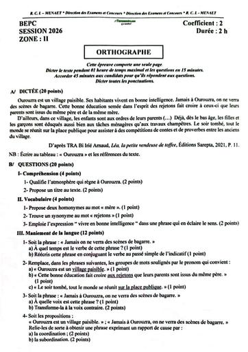 BEPC 2026 Orthographe zone 2 Sujet Côte d'Ivoire By TEHUA