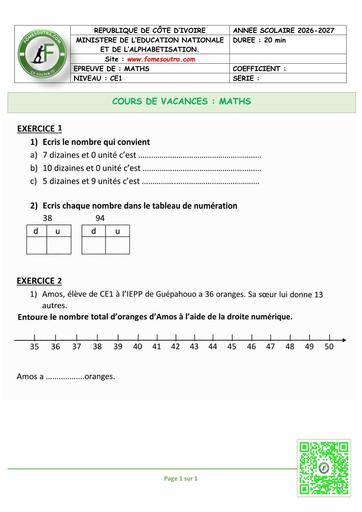 FICHE 2 MATHS CE1 by TEHUA