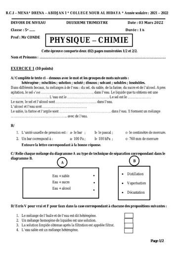 DEVOIR DE PC NIVEAU 5è 2T