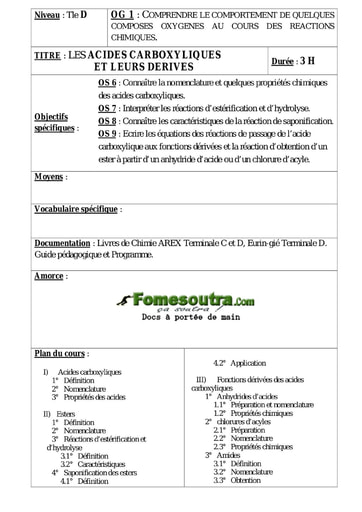 Les acides carboxyliques et leurs dérivés - Chime Terminale D