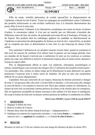 Sujets de composition française Niveau Troisième Collège Sainte Foi Abidjan 2022-2023