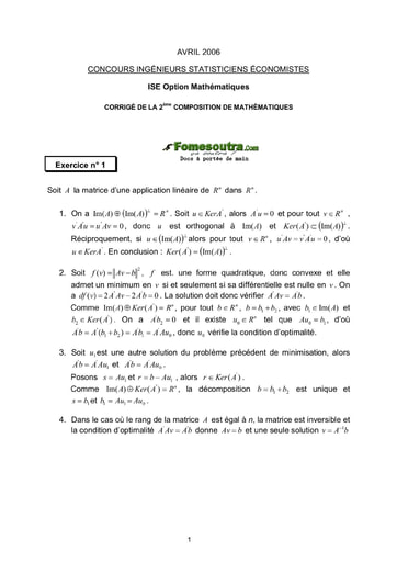 Corrigé 2ème épreuve de maths ISE option maths 2006 (ENSEA - ISSEA)