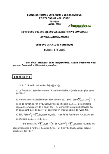 Sujet de Calcul numérique ISE option maths 2000 (ENSEA)