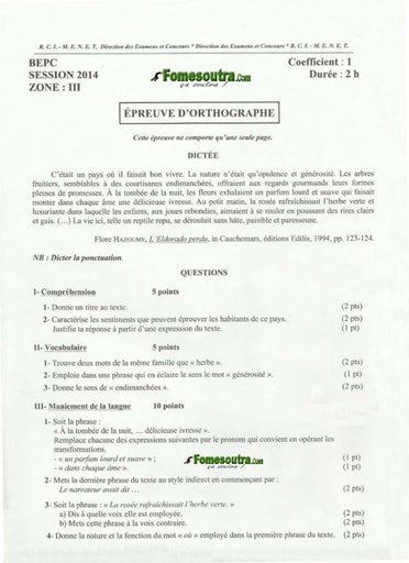 Sujet de dictée et questions BEPC 2014 Zone 3