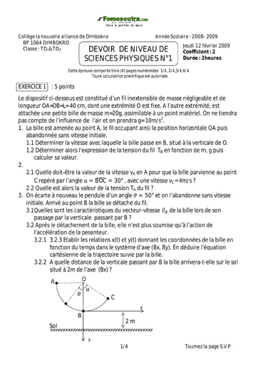 Devoir Physique-Chimie Terminale D Collège Alliance Dimbokro