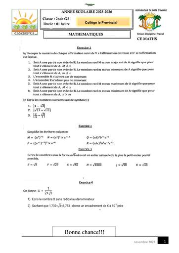 SUJET PARTIEL MATHS 2nde G2 MATHS GENERAL
