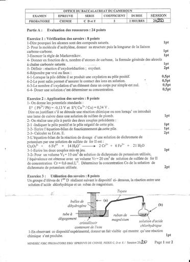 CHIMIE PROBATOIRE C D E2020 CAMEROUN by TEHUA