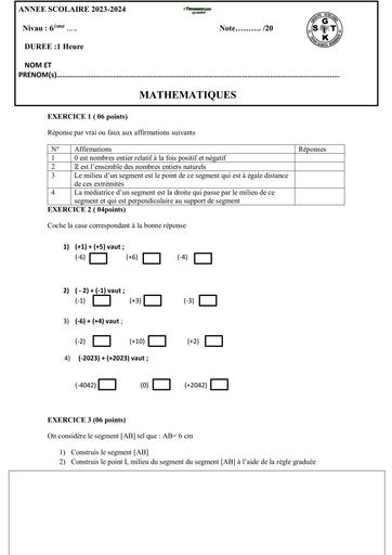 DEVOIR DE MATHS NIVEAU 6ième GS TININ KARNA DE KORHOGO 2024 BY TEHUA