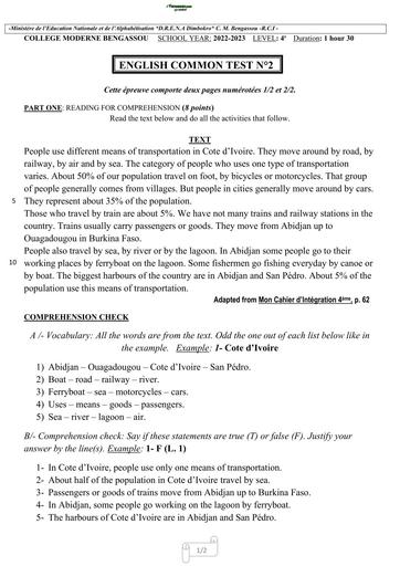 ENGLISH TEST 4ième DEVOIR COMMUN 2 UNITE 3 CM BENGASSOU BY TEHUA