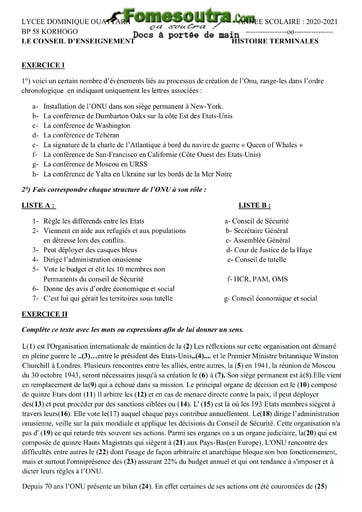 Collection d'exercices d'Histoire portant sur l'ONU niveau Terminale - Lycée Dominique Ouattara Korhogo