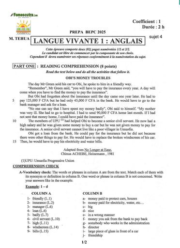 PREPA BEPC 2025 ANGLAIS FICHE 4 BY TEHUA
