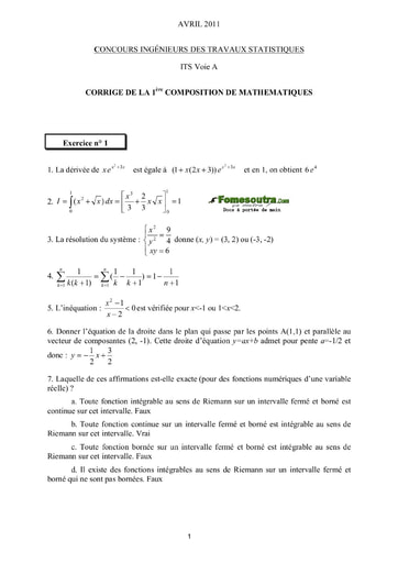 Corrigé 1ère épreuve de maths ITS A 2011 (ENSAE - ISSEA)