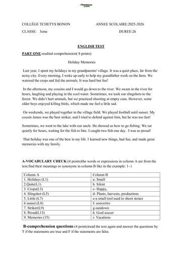 Sujet 3ième devoir Anglais 3eme Collège Tchetys Bonon By Tehua