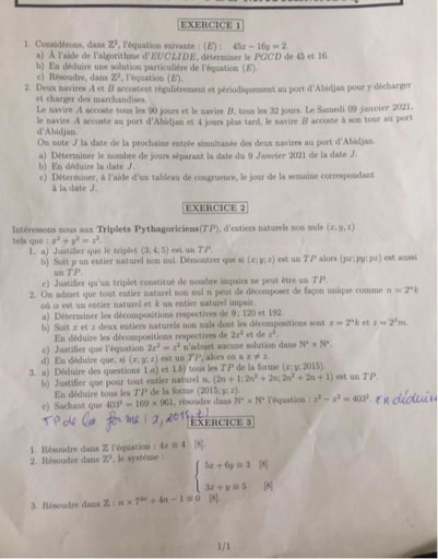 Devoir d’arithmétique niveau Terminale E - Lycée Technique d'Abidjan - Année scolaire 2021-2022