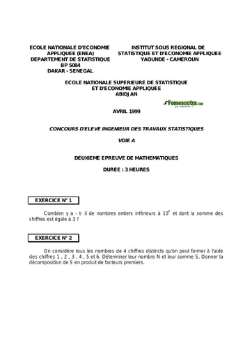 Sujet 2ème épreuve de maths ITS A 1999 (ENSEA - ENSAE - ISSEA)