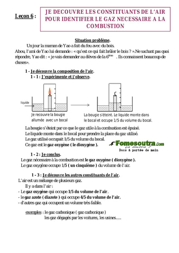 Leçon 6: Je découvre les constituants de l’air pour identifier le gaz nécessaire à la combustion - Cours chimie 6eme