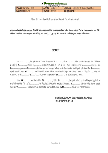 Sujet de Dictée BEPC 2016 (2) - Burkina Faso