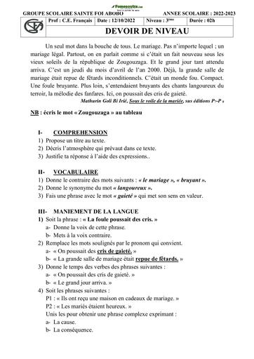 Sujets de composition française Niveau Troisième Collège Sainte Foi Abidjan 2023