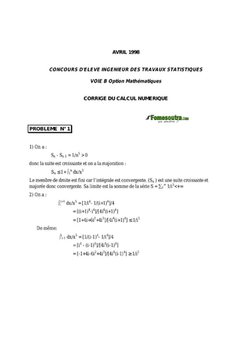 Corrigé Calcul numérique ITS B option Maths 1998 (ENSEA)