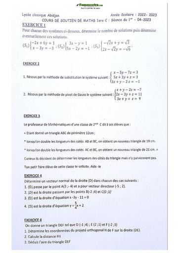 Sujets de mathématiques Première C Lycée Classique Abidjan 2022-2023