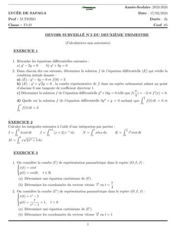 DEVOIR DE MATHS  NIVEAU Tle D LYCCEE DE SAPAGA 2024 N°2 2024 BY TEHUA