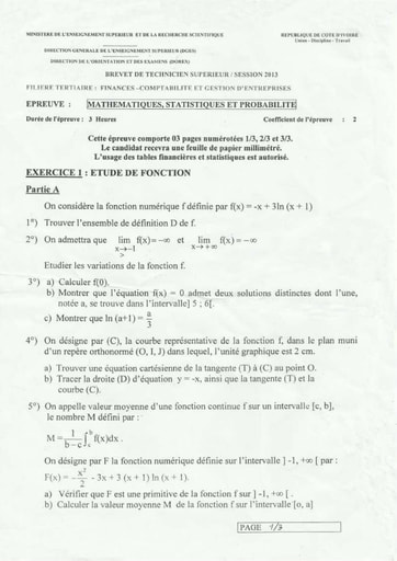 Sujet Mathématiques, Statistiques et Probabilité BTS 2013 - Finances Comptabilité et Gestion d'Entreprises