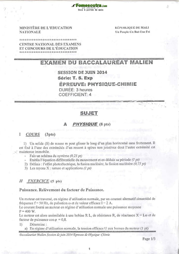 Collection de sujets et corrigés de Physique-Chimie des BAC de 2014 à 2019 série T.S.Exp - Mali