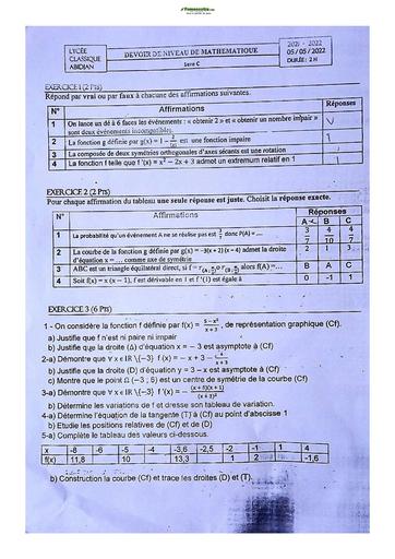 Sujets de mathématiques Première C Lycée Classique Abidjan 2023