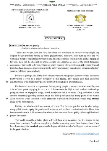 DEVOIR D'ANGLAIS NIVEAU 1ière COLLEGE PRIVE GNIRAH BY TEHUA